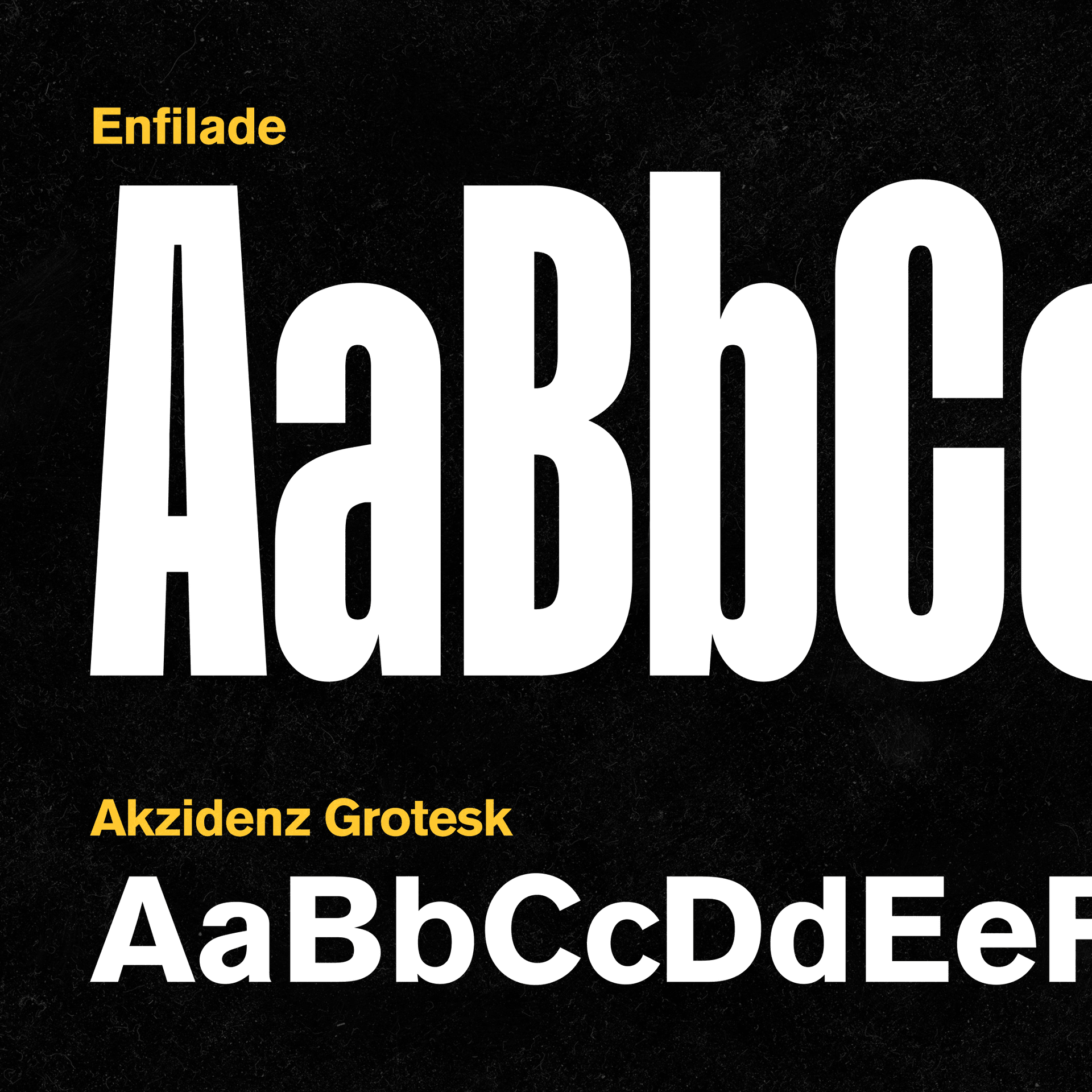 Type specimen showing Enfilade display and Akzidenz Grotesk body faces