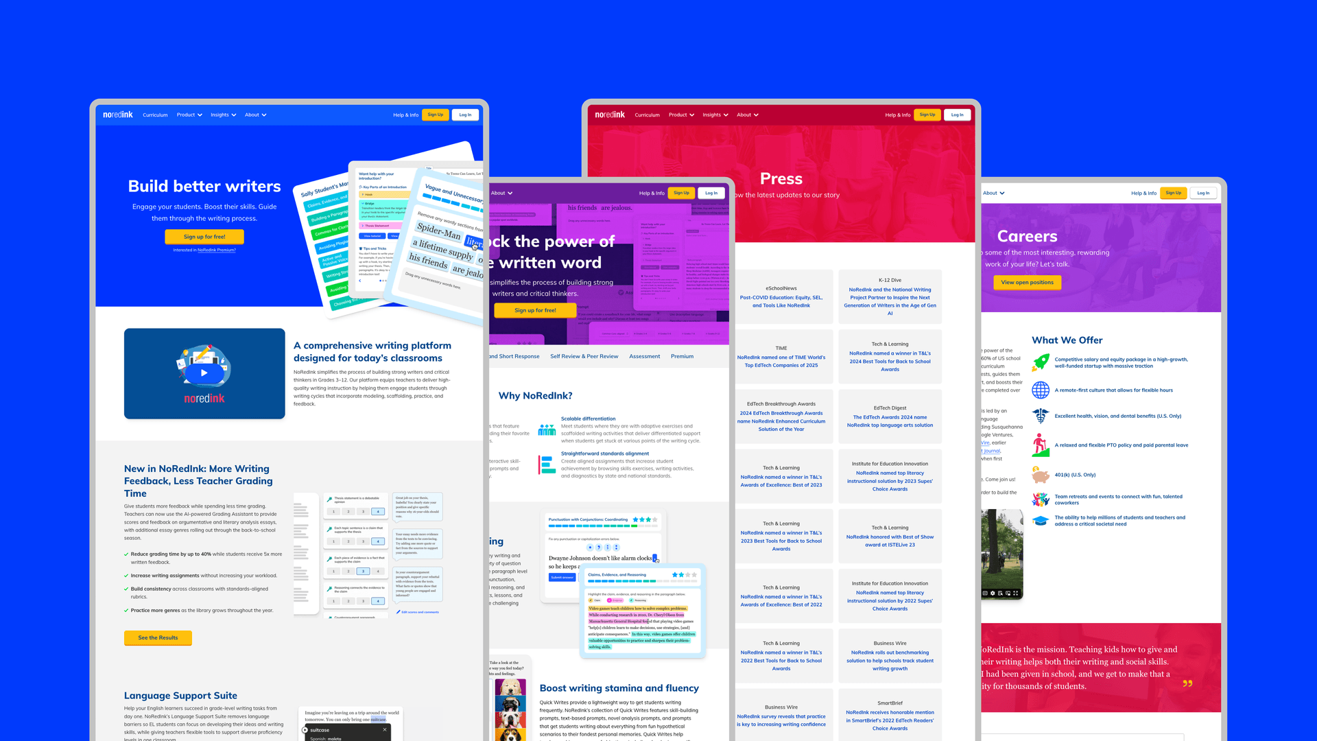 The rebuilt NoRedInk homepage, blog, press, and careers pages